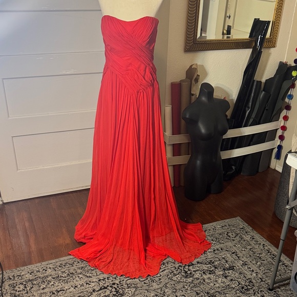 badgley mischka red strapless dress Badgley Mischka Collection Strapless Red Silk Gown